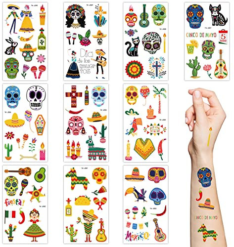 Temporäre Halloween-Tattoos für Kinder, 10 Blatt Leuchtet im Dunkeln Mexikanische Fiesta-Aufkleber Zuckerschädel Skelett Kaktus Leuchtendes Tattoo für Mädchen Jungen Halloween Partyzubehör