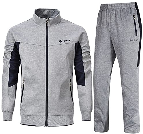 Rdruko Mens Long Sleeve Tracksuits, Navy and Light Grey S