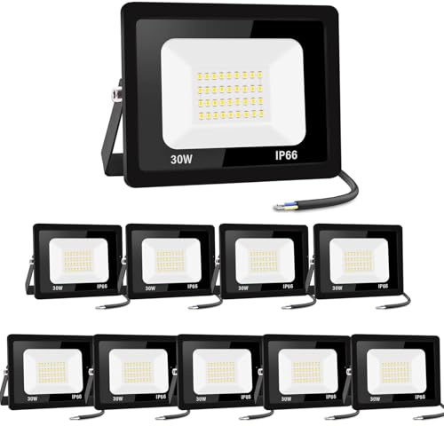 Jefedana 30W LED Außenstrahler, 3000LM 3000K IP66, 10 Stück | 10 Stück warmweißes Licht, 3000LM, IP66 wasserdicht, Alu, 50000h, 80% Energie gespart, für Garten/Garage/Hotel