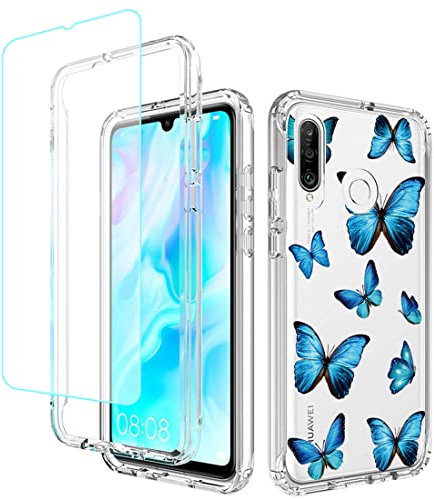 Funda para Huawei P30 Lite/Nova 4E MAR-LX3A con Protector de Pantalla de Cristal Templado Carcasa Transparente con Diseño Floral TPU Flexible Funda para Huawei P30 Lite Mariposas