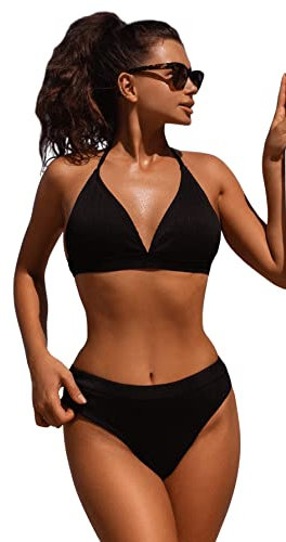 GORGLITTER Damen Bikini Sets Neckholder Hohe Taille Triangel Bikinitop High Waist Tangas Bademode Zweiteiliger Badeanzug mit Knoten Schwarz M