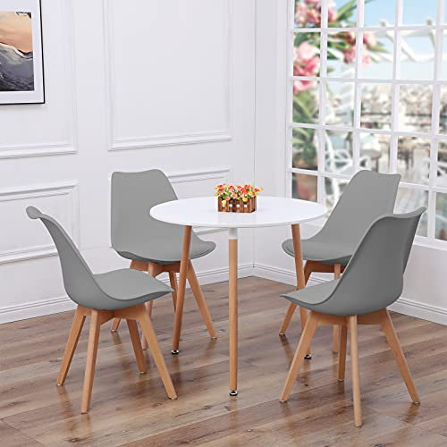 FURNITABLE Set aus Runder Esszimmertisch mit 4 Grauen Stühlen | Küchentisch-Set | Esszimmergruppe für Esszimmer Küche Wohnzimmer | 3-Bein-Tisch weiß