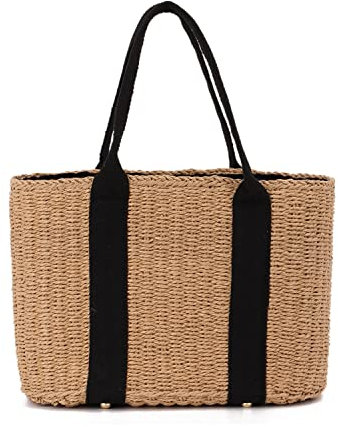 Ynport Crefreak Damen Große Stroh Tragetasche Sommer Strand Griffe Handtasche Handgewebte Hobo Umhängetaschen Geldbörse für Reiseeinkäufe, Braun