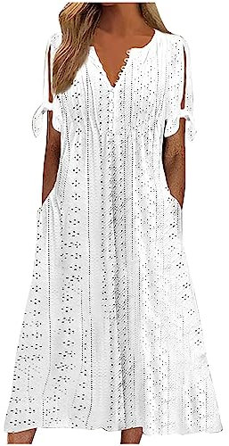 AMhomely Boho Dresses for Women UK Vintage Summer Loose Short Sleeve Beach Swing Dress Ladies Bohemian Floral Print Tunic Dress A Line Daily Dress Bridesmaid Dresses with Pockets Soft White