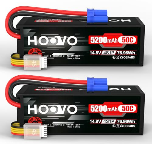 HOOVO 4S Lipo Battery 14.8V 5200mAh 50C RC Battery Hard Case with EC5 Plug for RC Buggy Truggy Crawler Monster Car Boat Racing Drone Hobby(2 Pack)