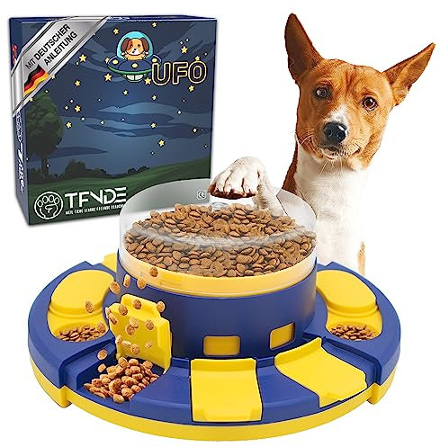 TFNDE® Hundespielzeug Intelligenz UFO - NEU - Lustiges Intelligenzspielzeug für Hunde mit 3in1 Funktion: Trainieren, Beschäftigen, Füttern - besonders rutschfest - Besser erkennbar