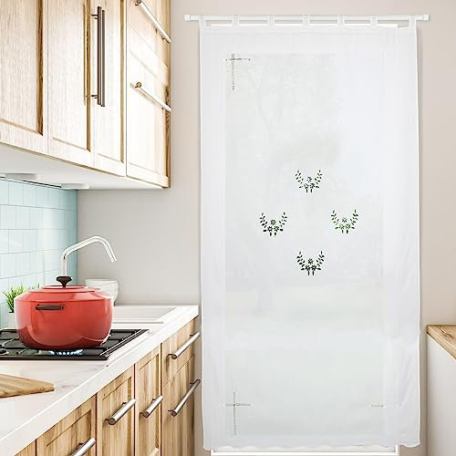 HOMEYA - Cortina Cocina Translúcida 150x180cm - Cortina con Bordados de Flores,para Cocina,Comedor, Marco de Puerta - 1 Unidad Color Blanco,100% Poliester