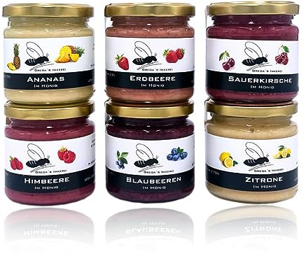 Gregas Imkerei 6er Frucht im Honig Set – Honigsüßer Brotaufstrich aus Familienimkerei mit gefriergetrockneten Früchten verfeinert – ideal als Probier- & Geschenkset | 6x 250g (verschiedene Früchte)