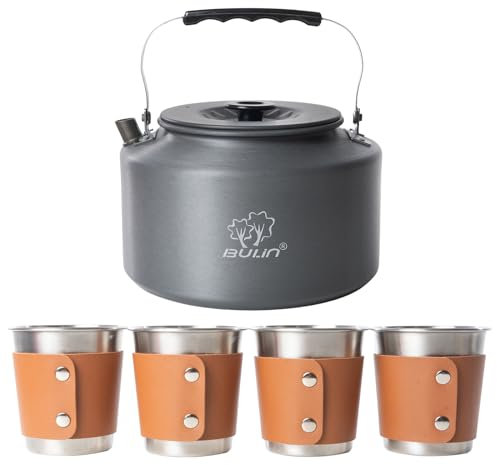 Bulin Wasserkessel Camping 2,2L Camping Wasserkocher mit 4 Edelstahlbecher Campingkettle für Zuhause Trekking Hiking Picknick Braun