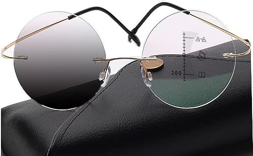 DOUKI Runder Rahmenlose Lesebrillen Für Herren Damen Photochrome Sonnenbrille Progressive Multifokus Brille Ultraleichte Metall +2.0 (Color : Gold, Size : +2.5)