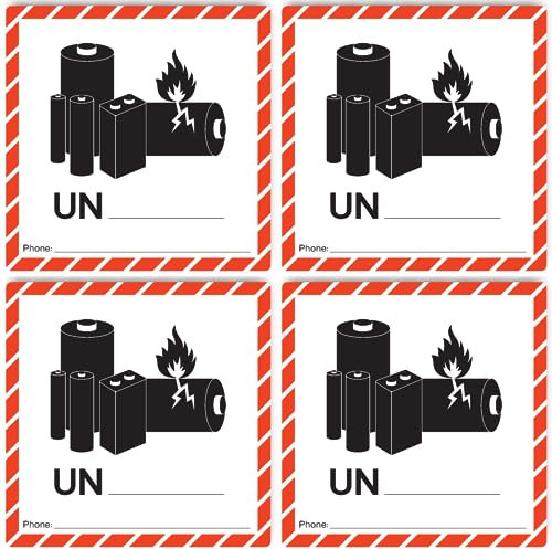Aufkleber: 100x100 mm, 4 Stück - Kennzeichen für Versandstücke mit Lithiumzellen oder Lithiumbatterien - Standardgröße - UN Nummer zum selber Beschriften