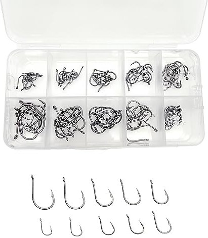 JZK 100pcs assorted Size 3 4 5 6 7 8 9 10 11 12, Carbon Steel Fishing Hooks with Eyes, Small Fish Hooks with Barb, Circle Fishing Hooks with Plastic Box