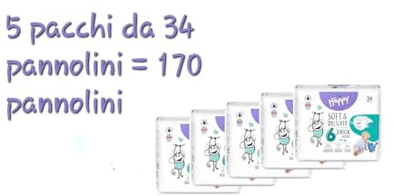 Pannolini Bella Baby Happy CARTONE Taglia 6 (15+Kg) – 5 Confezioni x 34 pezzi = 170 pannolini