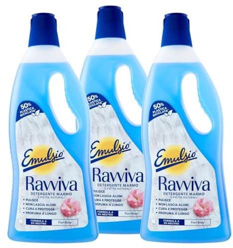 Emulsio Ravviva Marmo Detergente Pavimenti in Ceramica Granito Ardesia Resina Gres Pietre Naturali Formula a pH Neutro ad Azione Protettiva Profumo di Fiori Rosa a Lunga Durata - 3 Flaconi da 750ml