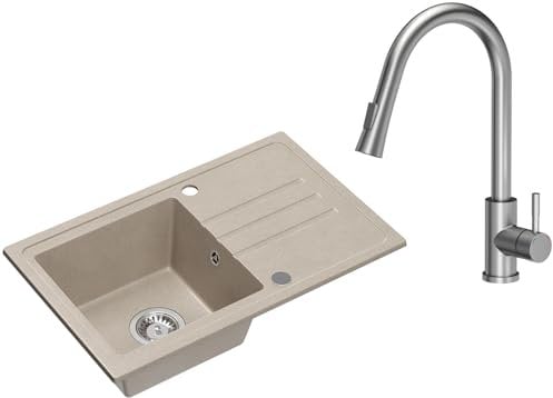 VBChome Spülbecken Granit Beige mit Armatur 70 x 44 cm Einzelbecken Einbauspüle Gesprenkelt Reversibel Granitspüle Siphon Waschbecken Armatur Inox mit Ausziehbarem Auslauf