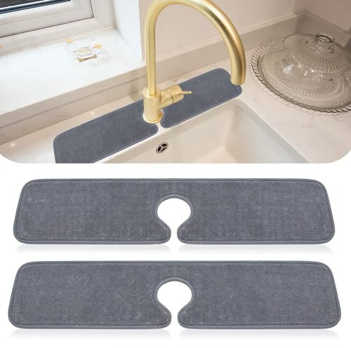 2 Pcs Kitchen Sink Splash Guard, Sink Faucet Absorbent Mat, Reusable Drying Sink Faucet Absorbent Mat, Faucet Mat for Bathrooms, Kitchens, Motorhome, Bar (Grey)