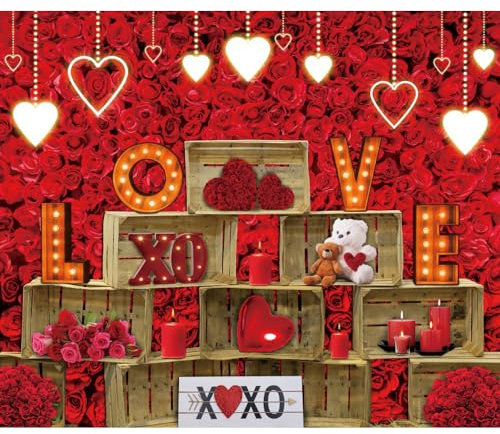 ASDCXZ Valentinstag Hintergrund 2.7x1.8m, Romantisch Rot Rosen Love Holzrahmen Liebe Glitter Fotowand Hintergrund, Vinyl Fotobox Hintergrund für Hochzeit Jahrestag Muttertag Valentinstag Party Deko