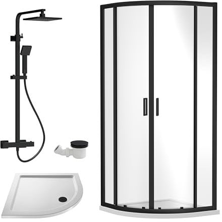 Balterley Ruwa Shower Enclosure Bundle - Quadrant Enclosure, Tray, Square Shower Kit & Waste - White/Black - 900mm