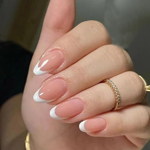 24pcs French Tip False Nails Short Almond White Edge Press on Nails Nude Pink Ombre Fake Nails Glue on Nails Stick on Nails Removable Fake Nails Women Girls Nail Art Accessories