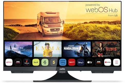 Cello C2424WS Trav 24 Pulgadas Smart 12V Camping Travel TV sin Marco Triple Sintonizador Bluetooth WebOS by LG Pitch Altavoz Disney+ Netflix Autocaravana camión Barco Made in Europe (2024)