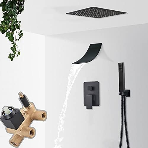 Rubinetto per doccia a soffitto nero opaco Rubinetto per doccia a cascata con montaggio a soffitto Sistema doccia Miscelatore acqua calda fredda a 3 vie Doccia per vasca, Cascata a 3 vie 16 A,