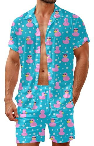 HUGLAZY Tenue 2 pièces pour homme avec chemises tropicales à manches courtes et short hawaïen - Tenue de plage, fête, disco, Canard rose, Large