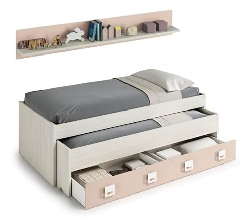 MUEMUE - Cama Nido con cajón y Estante aglomerado Rosa Candy 90x190/90x180cm - MU0M7449 - Solo LA Cama - SIN SOMIERES