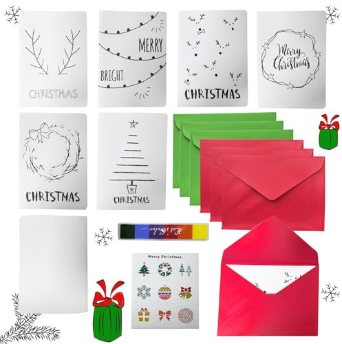 Onlvmyur Weihnachtskarten mit Umschlag Set, Postkarten für Weihnachten Klappkarten mit Aufklebern Stempelkissen DIY Grußkarten Weihnachten für Kinder Handmalerei