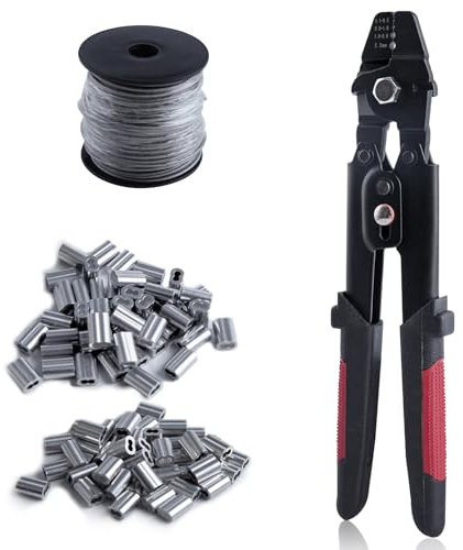 GOLD DEER 102PCS Wire Rope Crimping Tool Kit Ferrule Crimping Tool Kit Fishing Crimping Tool with Crimping Plier and 165FT 50M 304 Stainless Steel Wire Rope 100PCS Aluminum Crimping Sleeve