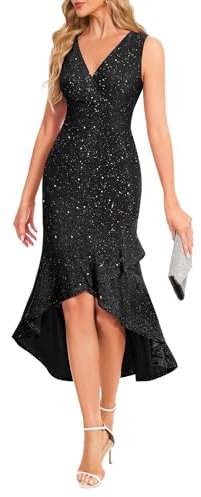 Berylove Herbstkleider Glitzer Kleid Abendkleid Damen Glitzerkleid Damen Partykleid Langes Schwarzes Kleid Hochzeitsgast BLP7067 Black M