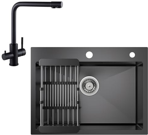 CECIPA Spülbecken Schwarz Anthrazit 60 * 45CM + 3 Wege Wasserhahn Küche, Spüle Küche mit Abtropfgestell und Siphon, Küchenspüle 1 Becken Eckig, Einbauspüle mit 2 HahnLöcher