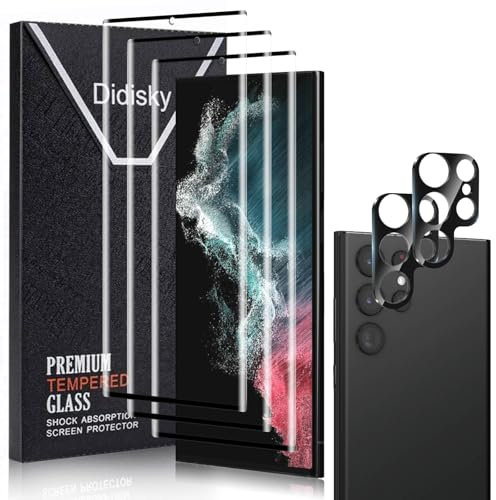 Didisky 3-Unidades Cristal Templado Protector de Pantalla para Samsung Galaxy S22 Ultra, y 2-Unidades Protector de Lente de Cámara,3D Cobertura Completa,Antihuellas, Ultra HD,9H Dureza