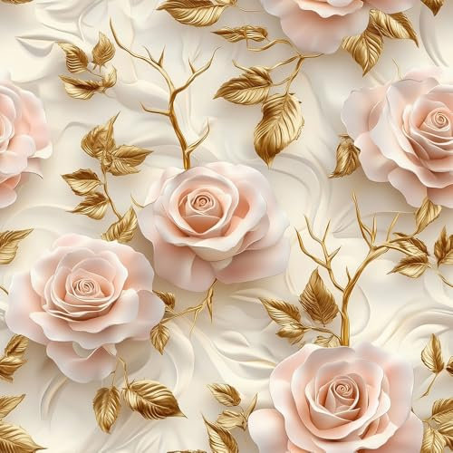 PROLEMIX Vintage Floral Peel and Stick Wallpaper, Pink Roses, Gold Leaves, Vintage Wallpaper Vinyl Contact Paper for Decorative Bedroom Bathroom Home Wall (17.3x236),D18