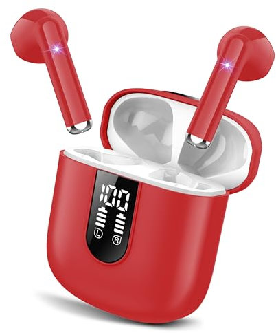 Jesebang Cuffie Bluetooth, Auricolari Bluetooth 5.3 con Stereo HiFi Immersivo, Cuffie Wireless Mini Incorporato 4 HD Mic, Cuffiette IP7 Impermeabili, Cuffie Senza Fili con LED 30 Ore, Rosso(2025)
