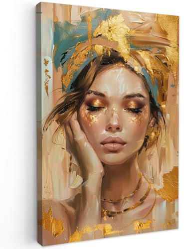 MuchoWow© Impression sur Toile Photo Peinture 80x120 cm Tableau Decoration Murale Chambre Salon Maison Deco Cuisine Femme - Portrait - Or - Luxe