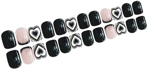 Valentines Day Nails Short Square Press On Nails Black White Heart Designs False Nails Full Covers For Women And Girls