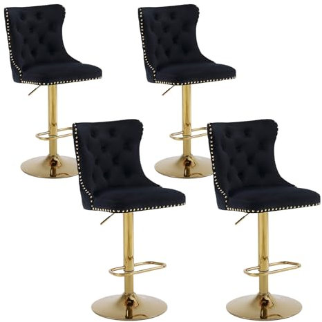 Chummaven Samt Barhocker 4er Set Barstuhl Moderne Tresenhocker Drehbar Küchenhocker mit Löwenklopfer und Nietenrand Gepolsterte Höhenverstellbare Barstühle für Hausbar Kücheninsel Schwarz