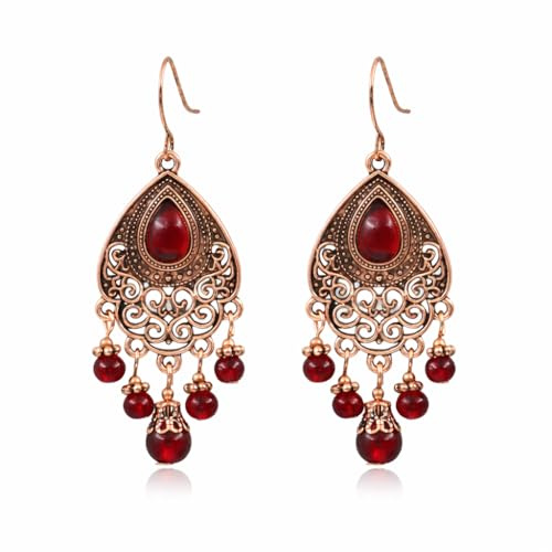 Aretes Colgantes Bohemios Vintage con Cristal Rojo Lágrima y Flecos Joyería Antigua para Mujeres Estilo México Gitano (Rojo)