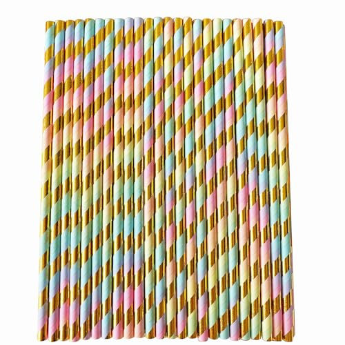 YAOSHENG [100 Count] Paper Drinking Straws 100% Biodegradable Multi-Pattern Party Straws for Birthday, Wedding, Bridal (Seven Colors)