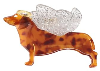 Pince à cheveux vintage en forme d'ange teckel, motif écaille de tortue avec ailes pailletées en acétate pour femme, cadeau pour mère, 8 x 6 cm