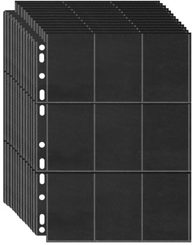 900 Pockets Trading Card Sleeve Pages, 50 Pack 9 Pocket Double-Sided Baseball Card Sheets for 3 Ring Binder, 11 Holes Card Protectors for Sports & Game Cards, Business Cards, Coupons (Black)