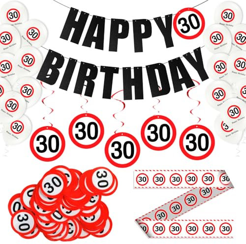 30 Geburtstag Deko für Männer & Frauen, Happy Birthday Decorations Set mit Girlande, Konfetti, Spiralen, Absperrband 30 Schild für Geburtstag und Latex-Ballons, Verkehrsschild zum 30 Jahre