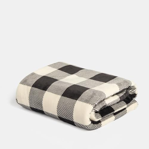 OHS Flannel Fleece Throw Blanket for Sofa, Super Soft Warm Gingham Print Blanket for Bed Reversible Sherpa Fleece Lightweight Fluffy Double Bed Throws, Monochrome - 130 x 160cm
