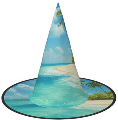 LRHCNZDCP Insel mit Sandstrand und Palme gedruckt Halloween Hexenhut für Frauen Männer Festliche Partys Cosplay Halloween Zubehör 1PC