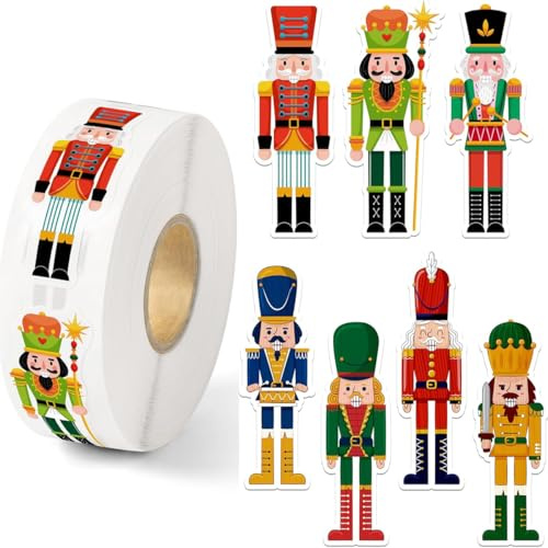 CYWQ 500Pcs Christmas Nutcracker Stickers Roll Cute King Soldier Figures Self Adhesive Labels Decals Xmas Winter Holiday DIY Craft Decor Supplies, 8 Designs