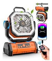 Spopal Ventilador Camping, [20000mAh] [Rotación 270 Ventilador Recargable Con Remoto, Temporizador, Batería Externa, Luz LED, 4 Velocidades, para Oficinas, Tienda, Viaje, Corte de Energía-Naranja