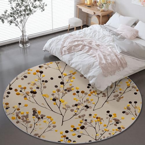 Generisch Elegante Pflanzen Beeren Runder Teppich - 90 cm Braun Grau Weicher Schlafzimmer Küche Matte, Waschbar Innenboden Akzent Badezimmer für Kinderzimmer Wohnzimmer