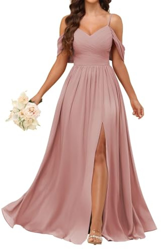KIYNE Damen Schulterfreies Brautjungfernkleid mit Schlitz, Chiffon, Trauzeugin, formelles Kleid, Abendkleid, Dusty Rose, 40