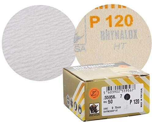 Indasa Rhynogrip HT Line 75mm 3 Sanding Discs P120 Box of 50 Grip System - Heavy Duty Sanding/Sanding/Preparation/Fine Sanding/Sanding for Blending/Micro-Finishing/Rectifying