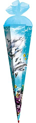 Schultüte - Delfin 70 cm - mit Holzspitze - mit Filzabschluß - Zuckertüte Roth Delfine Fisch Unterwasser Fische Wasser - für Kinder Mädchen & Jungen - Wasserw..